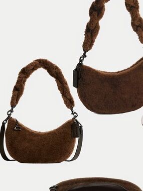Coach Brown Faux Shearling Crescent Shoulder Bag